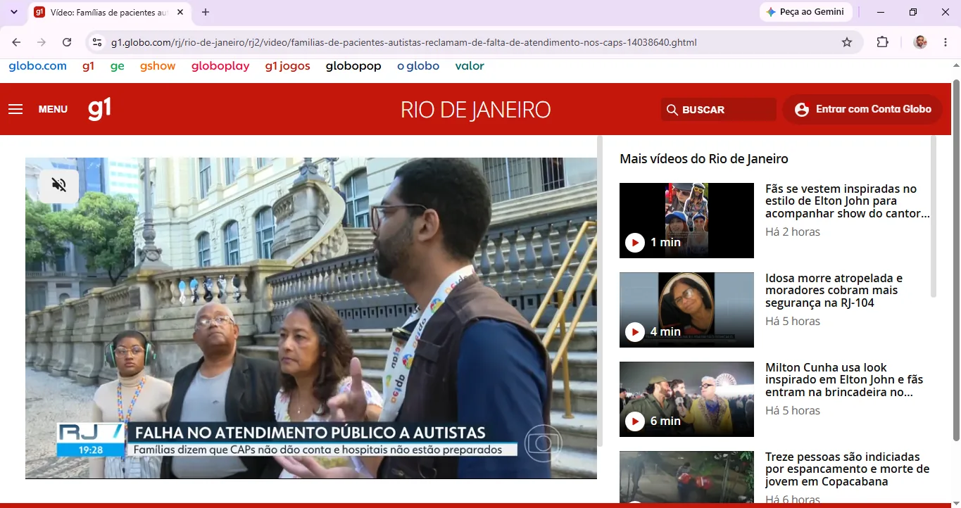 Reportagem do RJ2 sobre falha no atendimento público a autistas